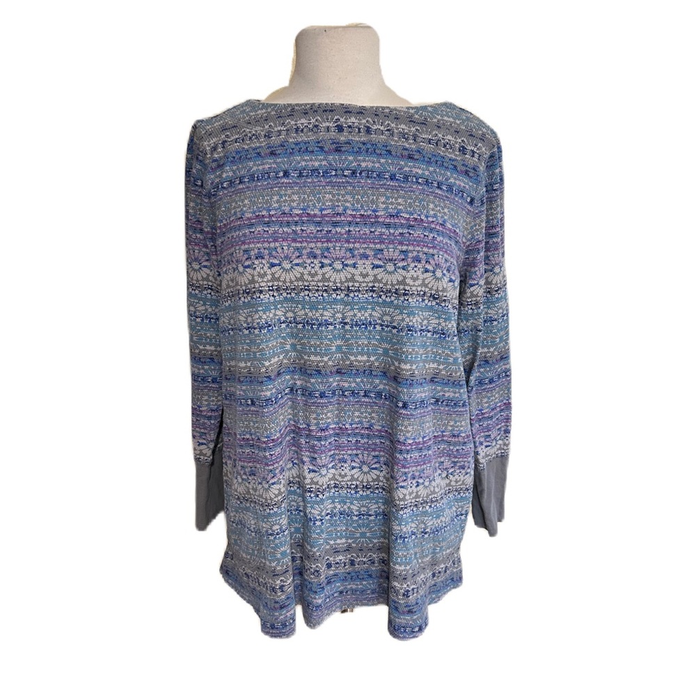 J. Jill Top Women L Waffle Knit Thermal Tunic Boat Neck Fair Isle Cotton Boho